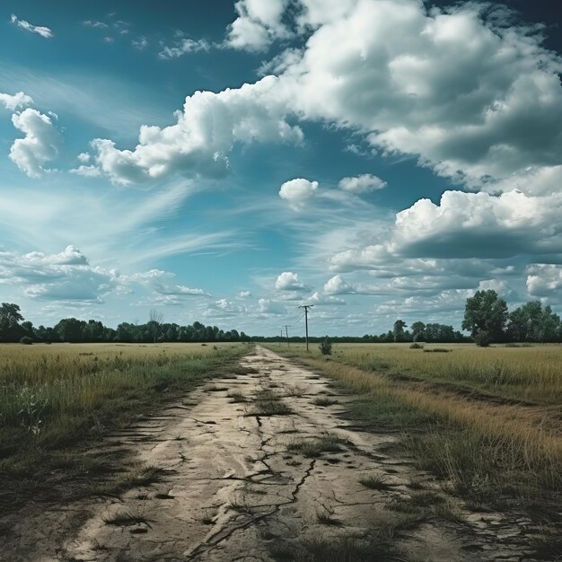 雲の空の下の草原の隣の空の道