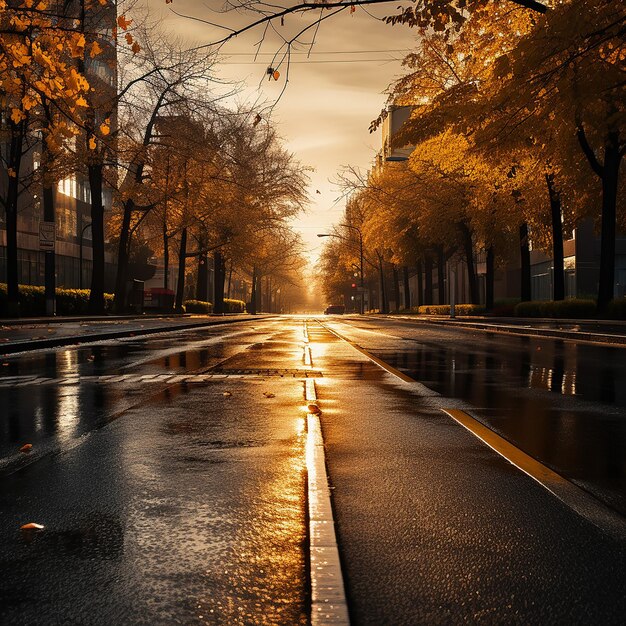 Empty road in city in autumn time