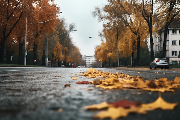 Пустая дорога в городе осенью