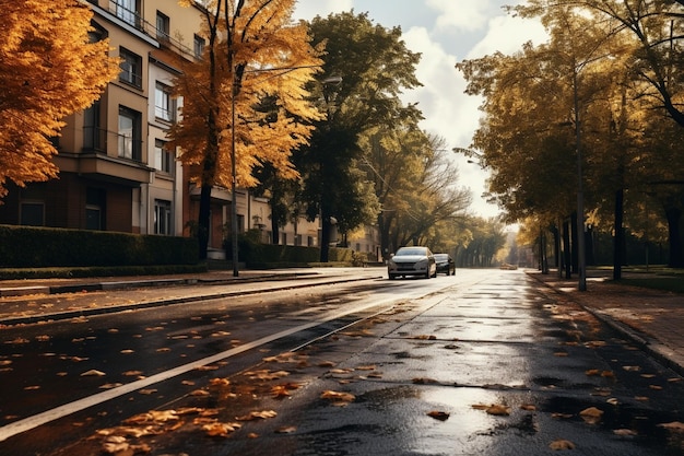 Empty road in city in autumn time