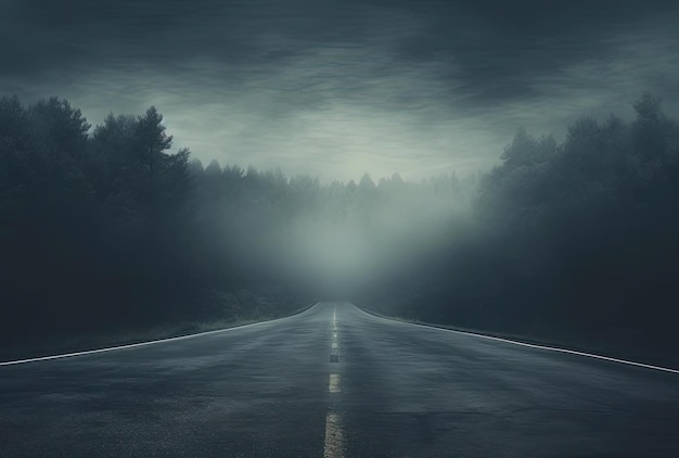 an empty road and a forest in the distance in the style of angelic photograph