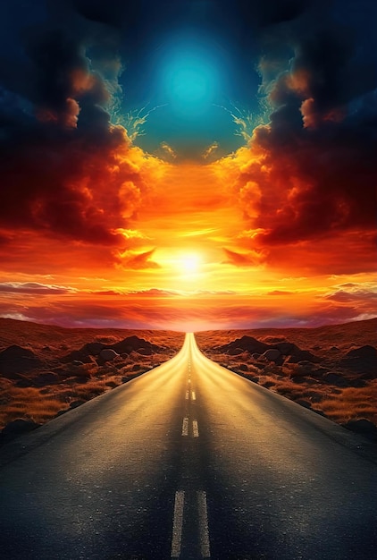 an empty road leading up to the sunset