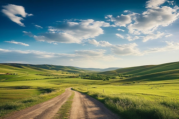 Empty road in the middle of a dry field with bushes and mountains in distance