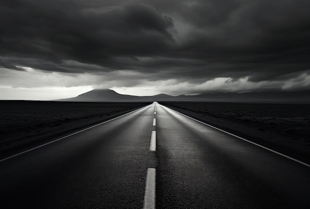 пустая дорога посреди поля в смело черно-белом стиле