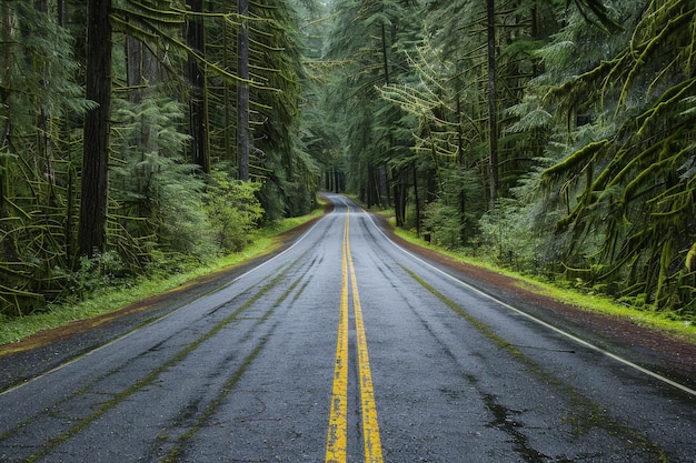 An empty road in the middle of a forest