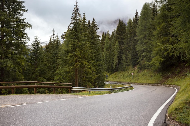 Empty road at the mountains through the pine forest, Dolomites Italy