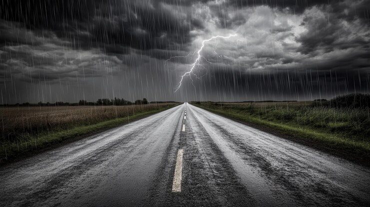 फोटो empty road under a stormy sky