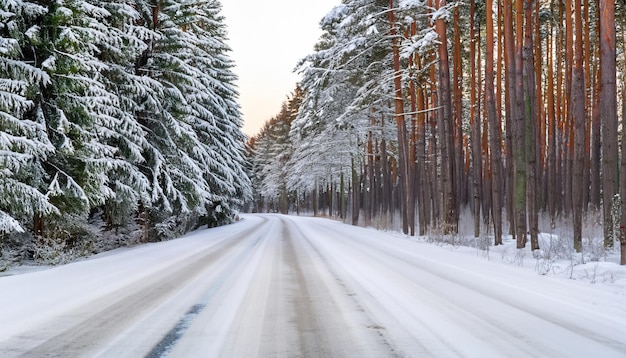 Empty road through a coniferous forest in the winter season Snowy road through a forest landscape