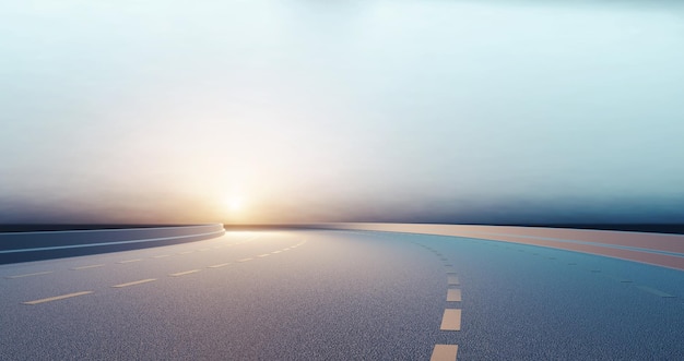 Empty road towards rising sun Light reflection on asphalt surface