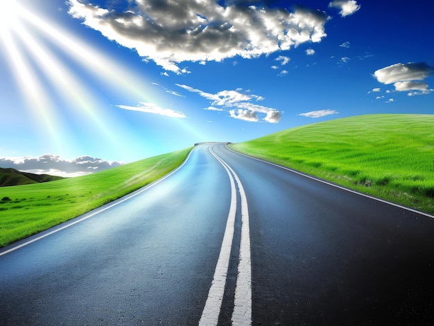 Empty Road With Grass and Clouds