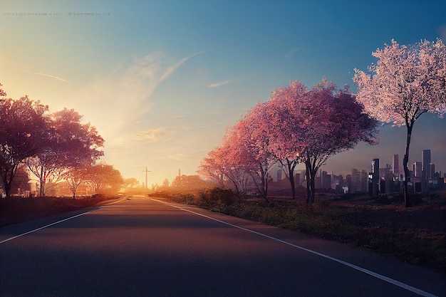 An empty road with green trees along it that leads to the city at sunset 3d illustration