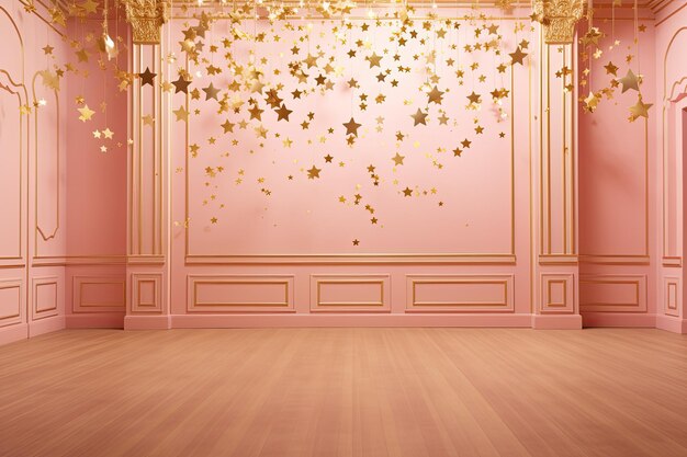 Photo an empty room adorned with golden stars against a pink backdrop