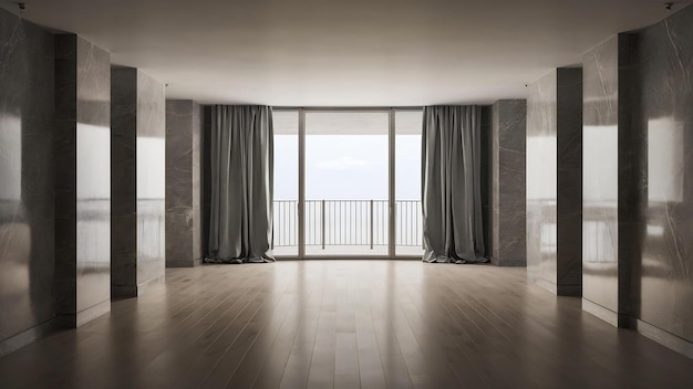 Empty room apartment with wide window gray marble floor and a classic grey curtain on the side