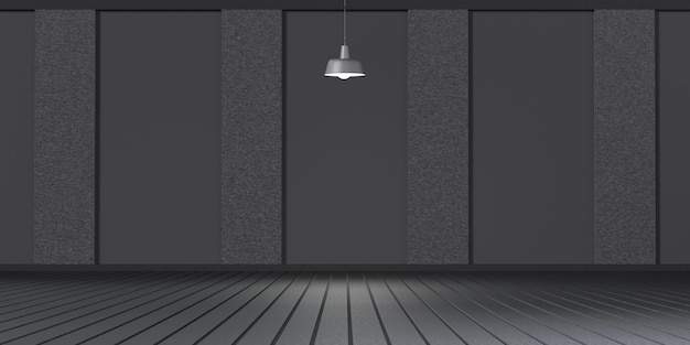空の部屋の背景スラットの木製の床のインテリアと壁の暗い色調の 3 D イラスト