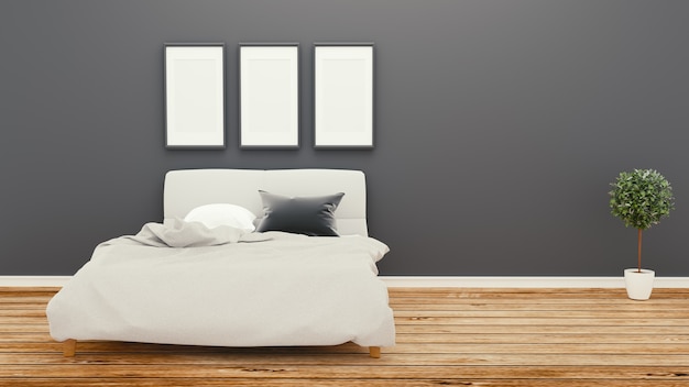 Empty room, bed room dark wall on wooden floor .3d rendering