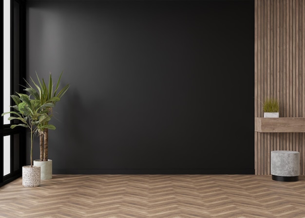 Empty room black wall and parquet floor Indoor plants Mock up interior Free copy space for your furniture picture and other objects 3D rendering