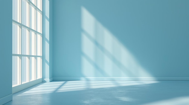 Photo empty room blue background for product presentation with shadow and light from windows