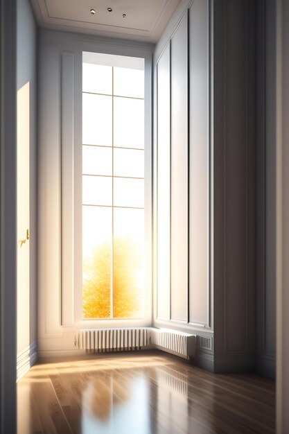 大きなガラスの白いフレームの窓と空白のベージュの壁の寄木細工の床のツリービューの空の部屋のコーナー
