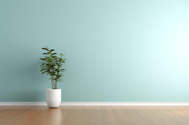 밝은 청록색 벽과 따뜻한 나무 바닥을 갖춘 빈 방