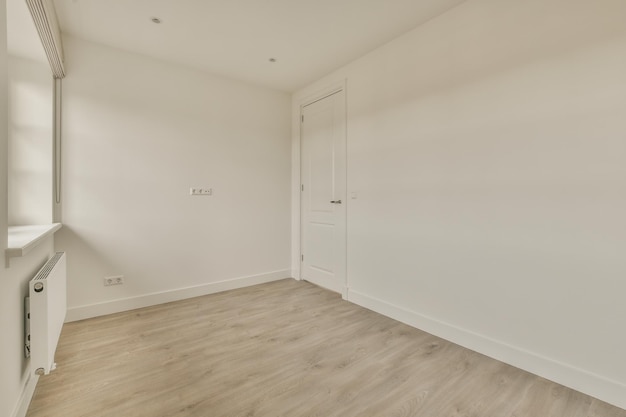 Empty room, flat with a ceiling, parquet floor, and white walls