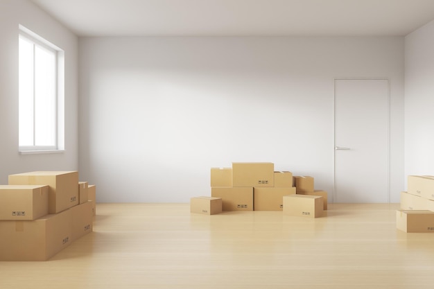 Фото Пустая комната, полная картонных ящиков, чтобы переехать в новый дом.