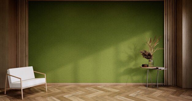 Empty room - green wall on wood floor interior and decorations plants. 3D rendering