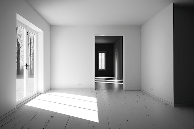 An empty room inside a house White walls and a wooden floor