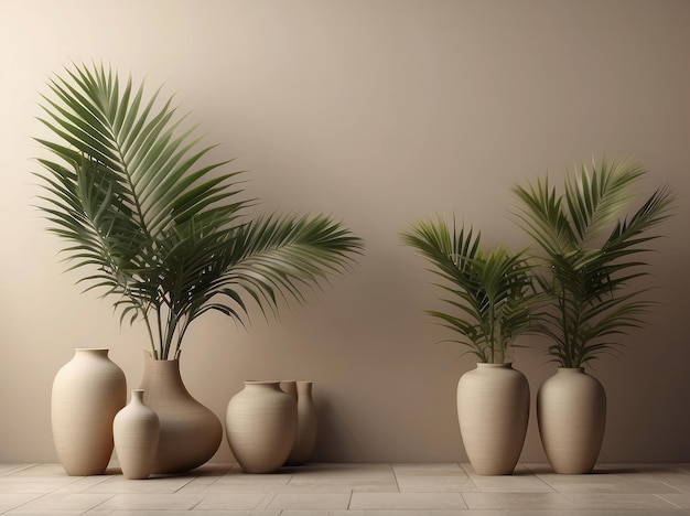 Empty room interior background beige stucco wall vases and palm leaf