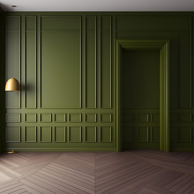 Foto stanza vuota interno sfondo verde oliva pannellatura parete decorazioni per la casa sopra la parete di tavole di legno tappeto tessuto sul pavimento in parquet rendering 3d
