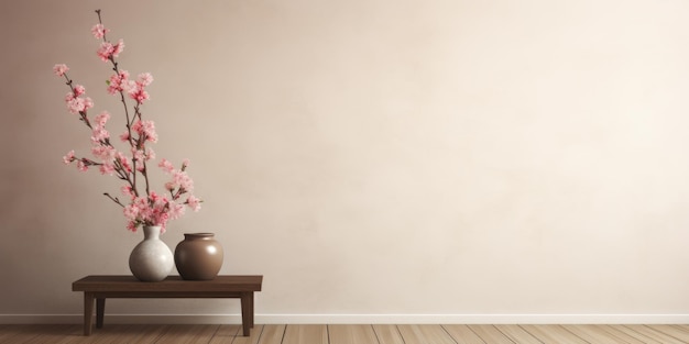 Empty room interior background stucco wall with copy space and wooden floor coffee table