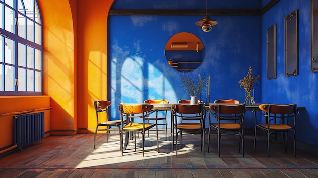空の部屋のインテリアは青とオレンジの色で,テーブルと椅子が提供されています.