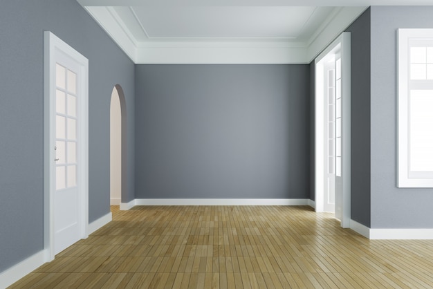 Пустой интерьер комнаты, серая стена и деревянный пол, классический стиль. 3D рендеринг