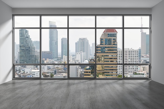 Empty room Interior Skyscrapers View Bangkok Downtown City Skyline Buildings from High Rise Window Beautiful Expensive Real Estate overlooking Day time 3d rendering