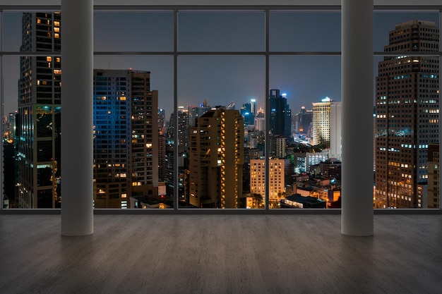 Empty room Interior Skyscrapers View Bangkok Downtown City Skyline Buildings from High Rise Window Beautiful Expensive Real Estate overlooking Night time 3d rendering