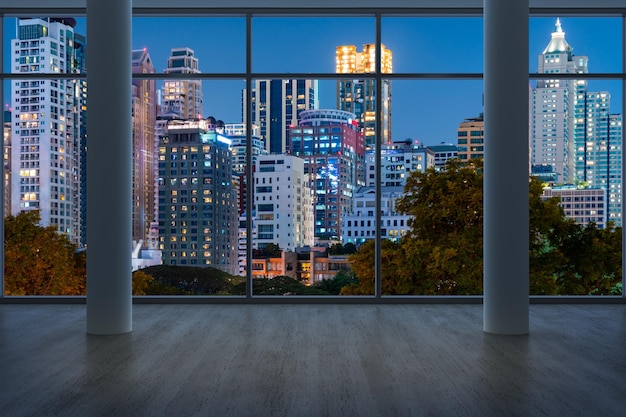 Empty room interior skyscrapers view bangkok downtown city
skyline buildings from high rise window beautiful expensive real
estate overlooking night time 3d rendering