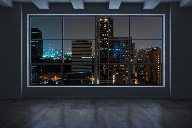 Empty room interior skyscrapers view bangkok downtown city\
skyline buildings from high rise window beautiful expensive real\
estate overlooking night time 3d rendering