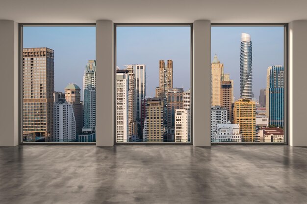 Empty room interior skyscrapers view bangkok downtown city\
skyline buildings from high rise window beautiful expensive real\
estate overlooking sunset 3d rendering