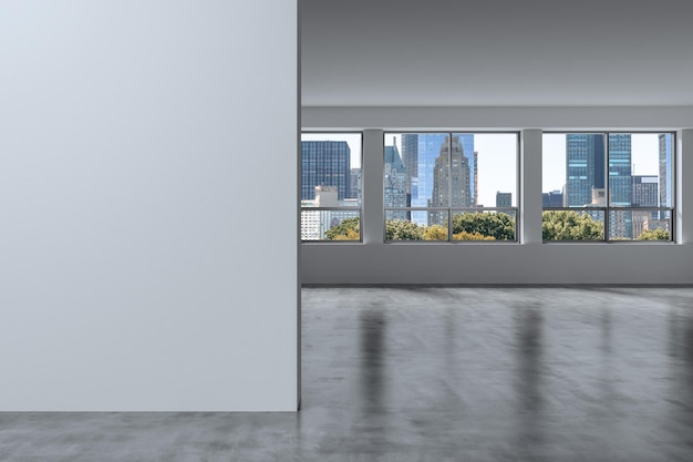 Empty room Interior Skyscrapers View Cityscape Central Park Midtown New York City Manhattan Skyline Buildings from Window Beautiful Expensive Real Estate White mockup wall Day time 3d rendering