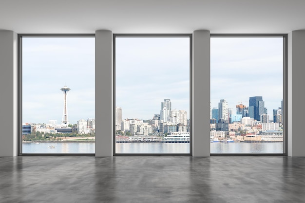 Empty room Interior Skyscrapers View Cityscape Downtown Seattle City Skyline Buildings from High Rise Window Beautiful Real Estate Day time 3d rendering