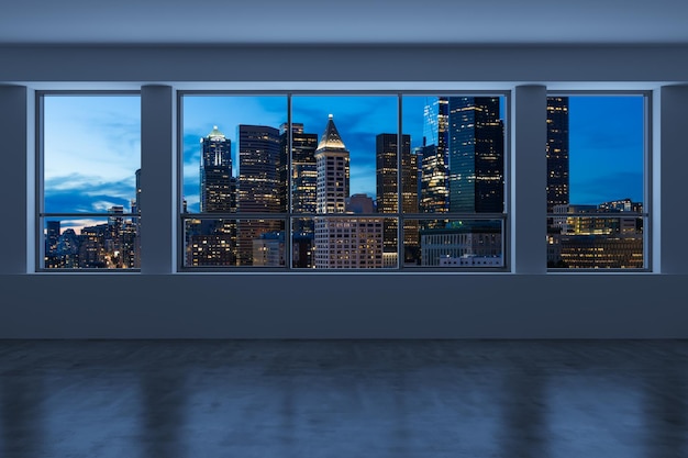 Photo empty room interior skyscrapers view cityscape downtown seattle city skyline buildings from high rise window beautiful real estate night time 3d rendering