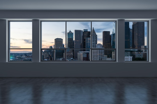 Empty room Interior Skyscrapers View Cityscape Downtown Seattle City Skyline Buildings from High Rise Window Beautiful Real Estate Sunset 3d rendering