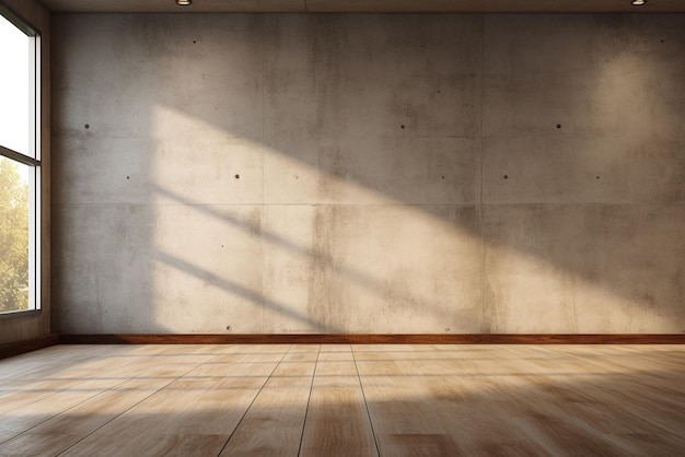 Empty room interior with concrete walls wooden floor with light from window Generative ai