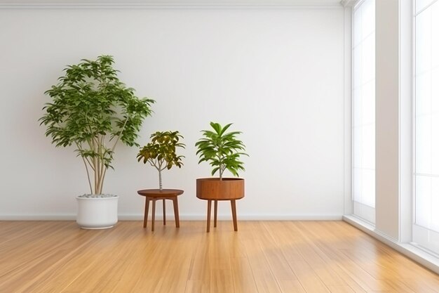 Empty room interior with plants and potted on wooden floor Still life concept