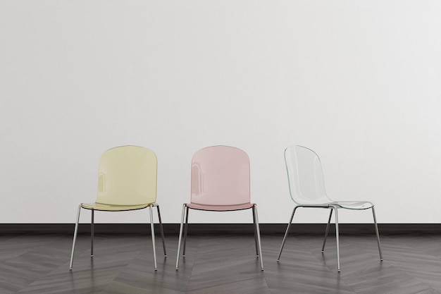 Empty room interior with three transparent chairs of different colors standing in a row on a dark wooden floor. 3d rendering mock up