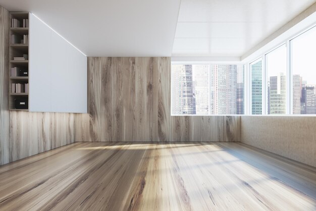 Пустой интерьер комнаты с белыми и деревянными стенами, книжным шкафом и панорамными окнами. 3d рендеринг макет