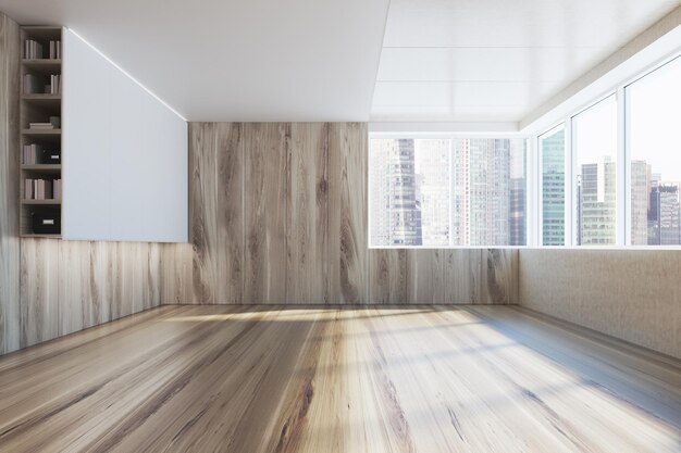 Empty room interior with white and wooden walls, a bookcase and panoramic windows. 3d rendering mock up