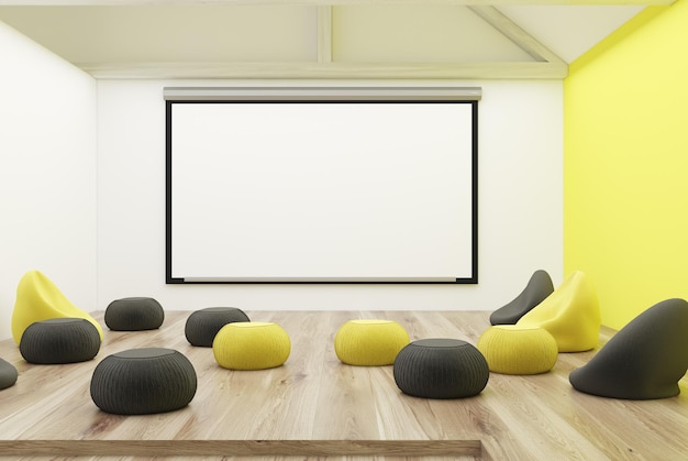 Foto interiore della stanza vuota con pareti bianche e gialle, un pavimento in legno con pouf neri e gialli e una lavagna o uno schermo bianco sul muro. rendering 3d mock up