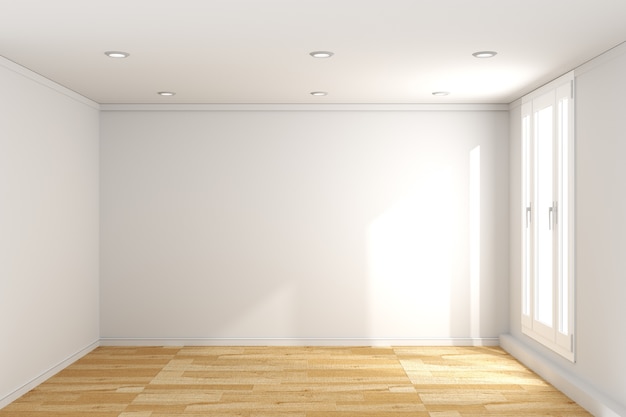 Foto interno stanza vuota con pavimento in legno su sfondo bianco muro. rendering 3d