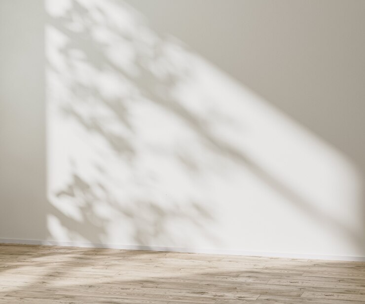 Photo empty room mock up with wooden floor and empty white wall with sunlight and leaves shadow, 3d rendering
