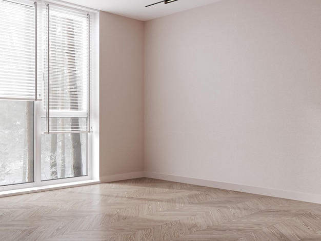 Empty room mockup with wooden floor, window and empty beige wall, 3d rendering